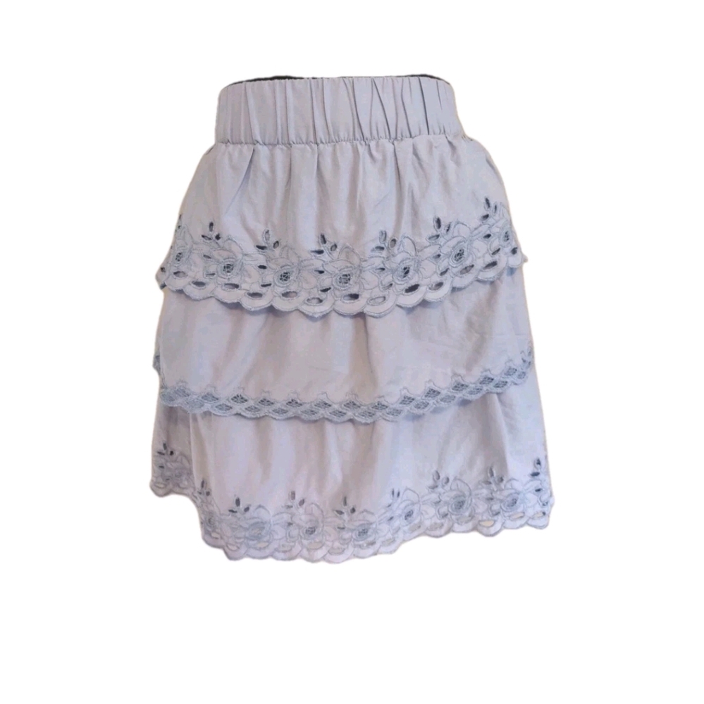 J. Crew Womens Flare Mini Skirt Sz 4 Blue Tiered Eyelet Cotton Preppy Casual